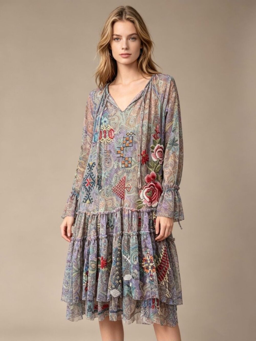 NWOT Johnny Was Biya Embroidered Mesh Tiered Multicolor Knee-length Dress Sz S